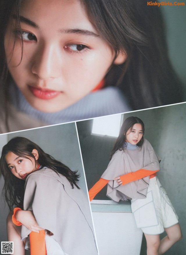 A collage of photos of a young woman with long hair.
