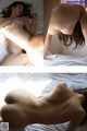 A naked woman laying on top of a bed.