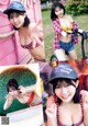 A collage of photos of a woman in a bikini and hat.