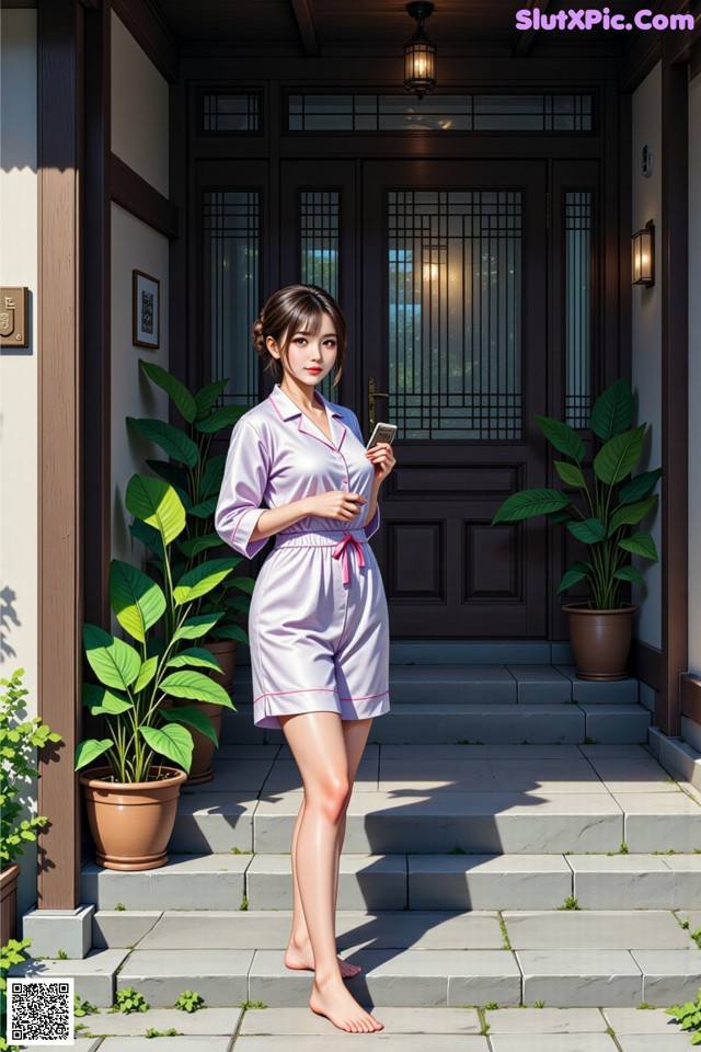 A woman standing in front of a house holding a cell phone.
